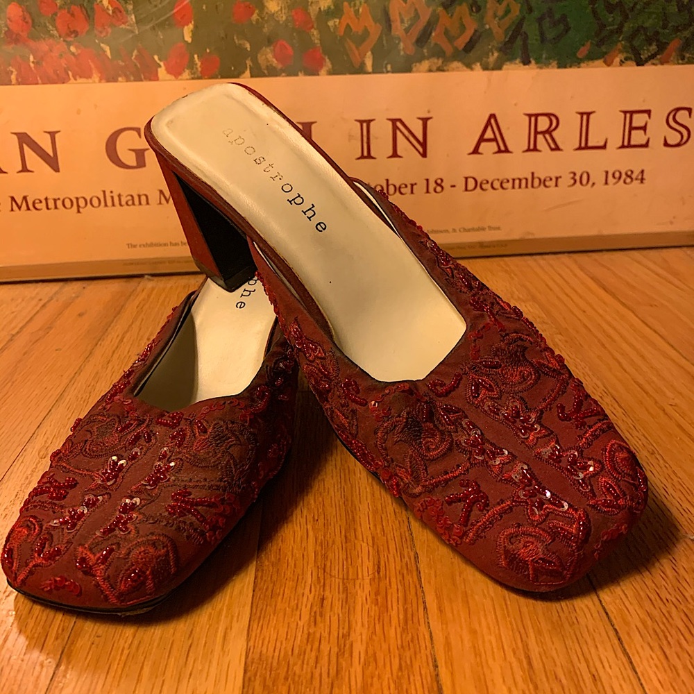 Embroidered and Beaded Red Slip-on Heels